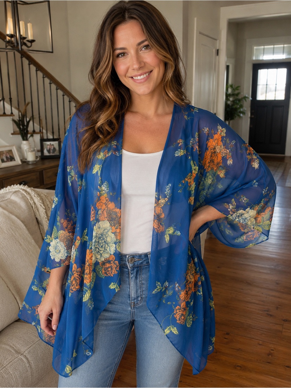 LuLaRoe Lindsay Blue Floral Sheer Kimono Cardigan Size S